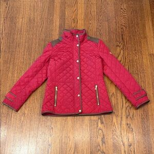 Lauren Ralph Lauren Red Quilted Jacket  Leather Trim Gold Hardware Women's Small